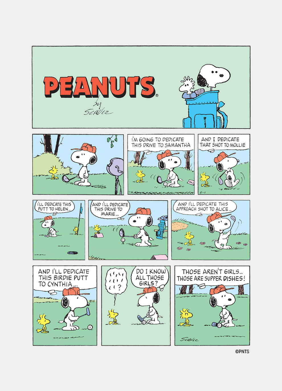 A classic Peanuts comic strip by Charles Schulz showing Snoopy in a red cap playing golf, dedicating his shots to various names. Woodstock stands nearby, confused, as Snoopy reveals the names are from supper dishes.
